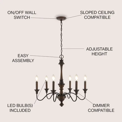 Vista 4 de Eyely EYL1320A Oria - Candelabro LED de hierro con 6 luces de mediados de siglo para comedor, cocina y sala de estar, rústico, tradicional, cabaña