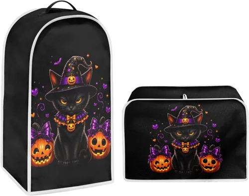 Vista 49 de Juego de fundas para tostadora y licuadora, árbol de gato negro, calabaza, casual, lavable, para cafetera, accesorios de cocina, Halloween, pequeño