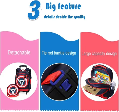 Vista 6 de Mochila escolar ligera para niños y niñas, escudo de superhéroe desmontable dos en uno, mochila rodante con seis ruedas, Azul Marino, misma
