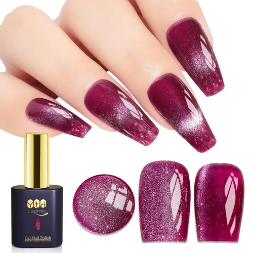 Vista 18 de YTD Likomey - Juego de esmaltes de uñas de gel de ojo de gato, 8 colores con purpurina magnética de cristal, borgoña, rojo, negro, verde, ciruela