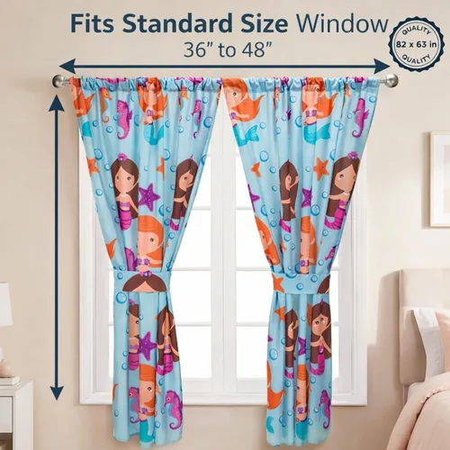 Vista 6 de Cortinas de sirena para dormitorio de niñas con caballitos de mar y estrella de mar; 4 cortinas temáticas de sirena para niños con 2 paneles de 82 x