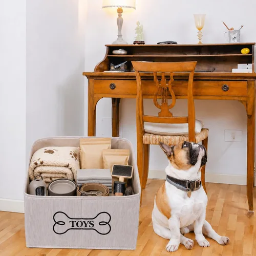 Vista 6 de Geyecete Contenedor de almacenamiento de juguetes para perros con mango de madera, cesta organizadora rectangular decorativa de fieltro suave