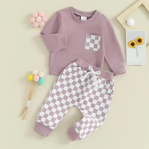 Vista 3 de Ehfomius Conjunto de 2 piezas de sudadera de manga larga con cuello redondo para bebé niño y niña