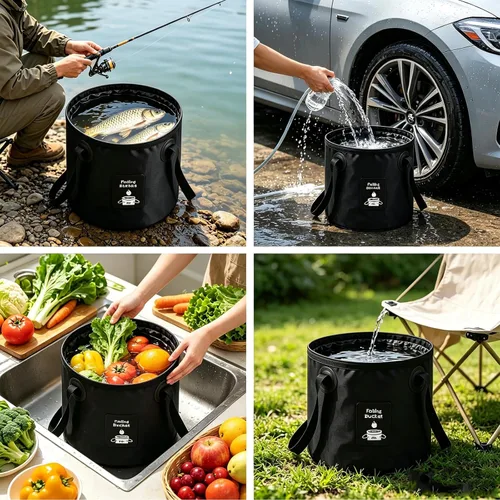 Vista 4 de Cubo plegable con asa, contenedor de agua plegable ligero, cubo plegable portátil para pesca, camping, senderismo, mochileros, supervivencia al aire