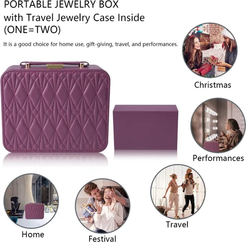 Vista 7 de V-LAFUY Joyero con bandeja extraíble, joyero para mujeres y niñas, 2 capas portátil, organizador de joyas, estuche de almacenamiento con estuche