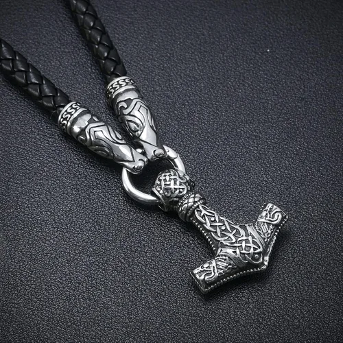 Vista 4 de BAVIPOWER Collar de martillo de Thor de acero inoxidable con cabeza de lobo cadena de cuero escandinavo vikingos nórdicos joyería para hombres