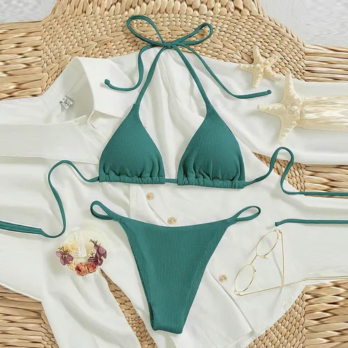 Vista 2 de Bikini halter de 2 piezas para mujer, traje de baño triangular con lazo lateral, tanga de lunares, ropa de playa
