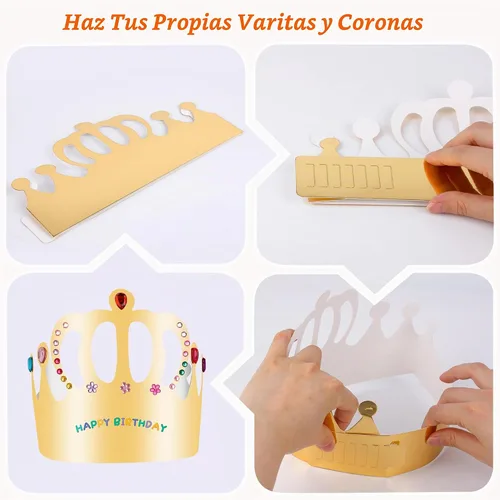 Vista 4 de El kit de varitas de hadas de princesa Pllieay incluye 18 piezas de 6 estilos de varita de princesa de madera sin terminar, coronas de papel dorado