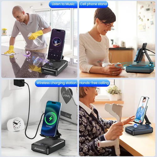 Vista 7 de Jteman Soporte para teléfono celular con altavoz Bluetooth y cargador inalámbrico, soporte de estación de carga de escritorio con altavoz