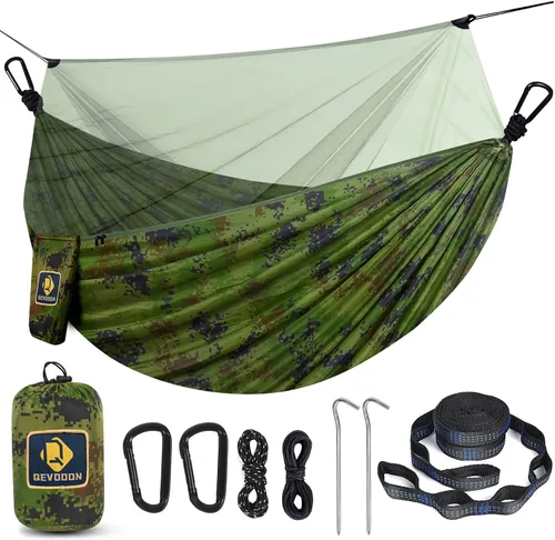 Vista 11 de Qevooon Hamaca de camping con red, hamacas ligeras portátiles de viaje con correas para árboles y mosquetones sólidos en forma de D, hamaca de Negro