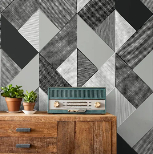 Vista 3 de NextWall Stacy Garcia Home Marquetry Papel tapiz geométrico para despegar y pegar (Greystone)