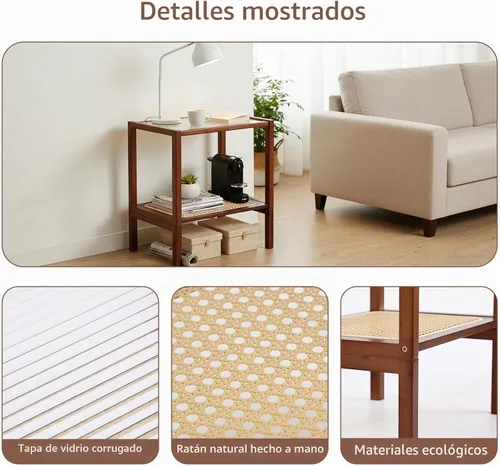 Vista 4 de Tiita Mesa auxiliar de ratán, mesita de noche de mediados de siglo, mesas de noche de bambú de 2 niveles, mesas de café de cristal, mesa auxiliar