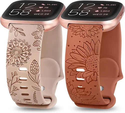 Vista 13 de Paquete de 2 correas con grabado floral compatibles con Fitbit Versa 2/Fitbit Versa/Versa Lite para mujeres, linda correa deportiva de silicona