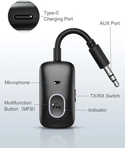 Vista 7 de Bluetooth 5.4 Adaptador AUX para coche, receptor transmisor 2 en 1 180° Swivel 3.5mm Adapter with Hands-Free Calling, Wireless Audio Receiver for