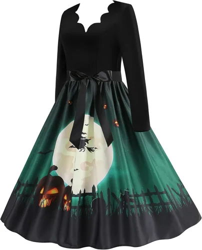 Vista 3 de TWGONE Halloween Costumes for Women 2023 Fit and Flare Dress Fall Fashion Vintage Long Sleeve Party Halloween Dress