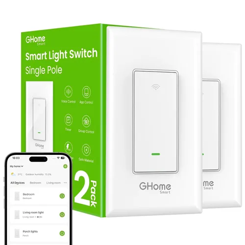 Vista 10 de Interruptores inteligentes GHome Smart para luces, interruptor de luz WiFi inteligente funciona con Alexa y Google Home, un solo polo, requiere