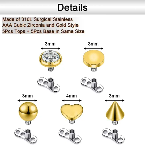 Vista 2 de PunkTracker Piercing dérmico de ópalo de acero inoxidable 316L para piercings dérmicos con rosca interna, kit de piercing dérmico