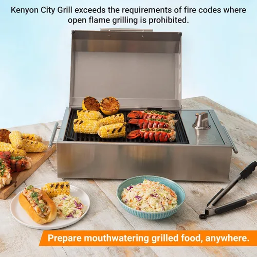 Vista 7 de Kenyon B70200 City Grill, parrilla portátil, acero inoxidable, quemador único, control de perilla, tapa facetada, aprobado por UL