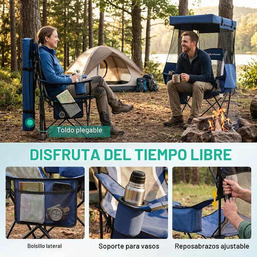 Vista 5 de Overmont Camping Chair with Canopy - Folding Chair with Adjustable Sunshade Full Sun Protection, Reinforced 600D Fabric, Cup Holder, Portable for