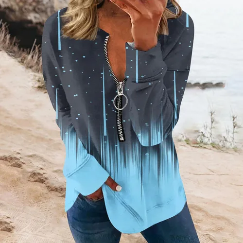 Vista 3 de Kenvina Sudadera con cremallera de 34 para mujer, sudadera estampada casual, moderna, atlética, ajuste holgado, manga larga