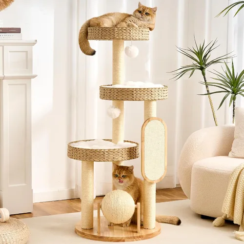 Vista 17 de HITTITE Moderna torre de árbol para gatos con poste rascador, torres para gatos de 46 pulgadas de alto con nidos y cueva tejidos, árbol para gatos