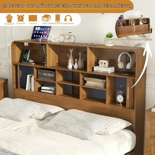 Vista 6 de Lxsxlome Base de cama tamaño Queen con cabecero y estación de carga de Nuez-reina
