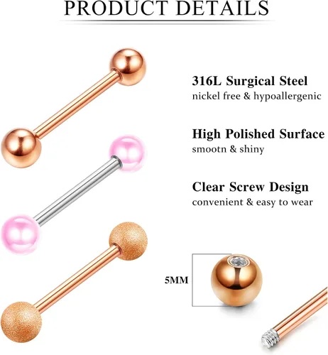 Vista 3 de BESTEEL 7 pares de anillos de pezón de 14 G para mujer acero quirúrgico para pezón joyería de circonita cúbica mariposa margarita flor lengua barra