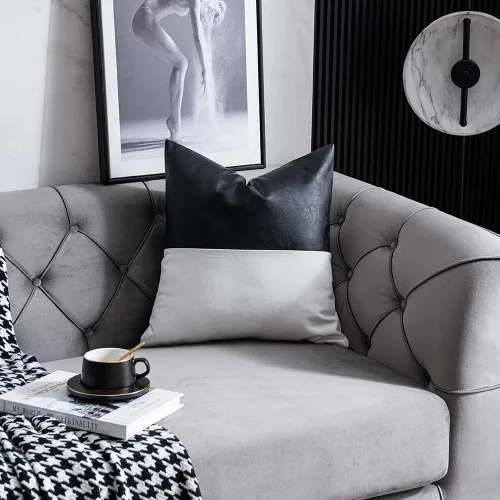 Vista 4 de Juego de 2 fundas de almohada decorativas de cuero sintético con 100% algodón para sofá, cama, decoración moderna del hogar, cuadradas
