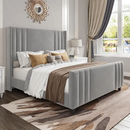 Vista 11 de Albott Base de cama de plataforma tamaño King, cama tapizada con cabecera y pie de cama con respaldo alado capitoné de canales verticales, Crema
