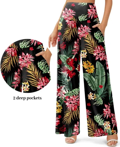 Vista 4 de JZC Pantalones de descanso Palazzo para mujer, elásticos, de pierna ancha, casuales, cómodos, de cintura alta, holgados, tallas S-3XL