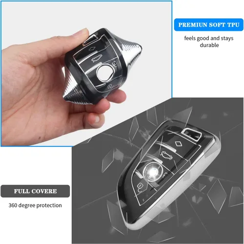 Vista 5 de QBUC Funda para llavero BMW con llavero de cuero, para BMW 2 5 6 7 Series X1 X2 X3 X5 X6 X7 Premium Soft TPU Llavero Holder (1-Negro)