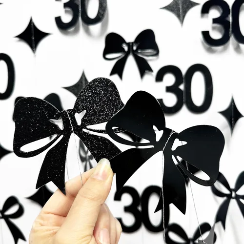 Vista 5 de Decoraciones de cumpleaños negras con lazo del 30 aniversario, guirnalda de lazos coquette con purpurina, pancarta serpentina para mujeres