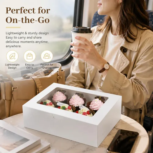 Vista 6 de Pralb Paquete de 20 cajas blancas para cupcakes con insertos, 6 soportes, cajas blancas estándar de panadería con ventana de PVC, recipientes