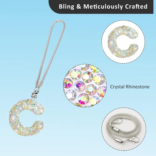 Vista 2 de Colgante de cristal brillante en forma de C, accesorios de automóvil para mujer, accesorios de espejo retrovisor con diamantes de imitación