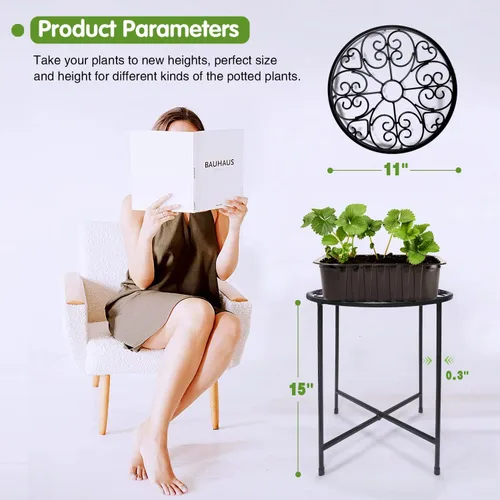 Vista 4 de Soporte para plantas para interiores y exteriores, paquete de 2 soportes para macetas de 15 pulgadas de alto, soporte redondo de esquina de metal