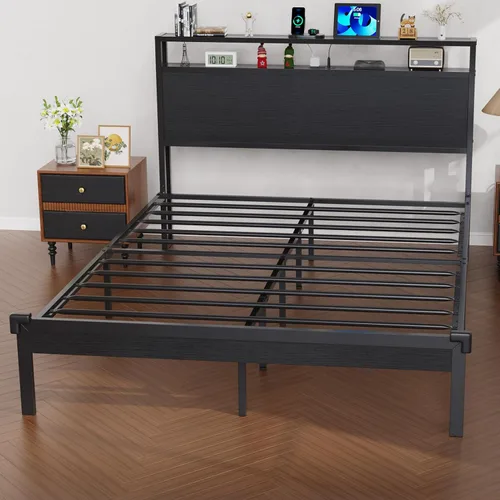 Vista 7 de Full Size Bed Frame with Headboard Built-in Charging Station & Led Lights