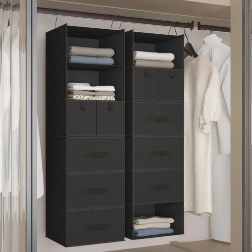 Vista 5 de Organizador de armario colgante de 6 estantes con 5 cajones, almacenamiento no tejido, negro Spacious compartments sort clothes & undergarments
