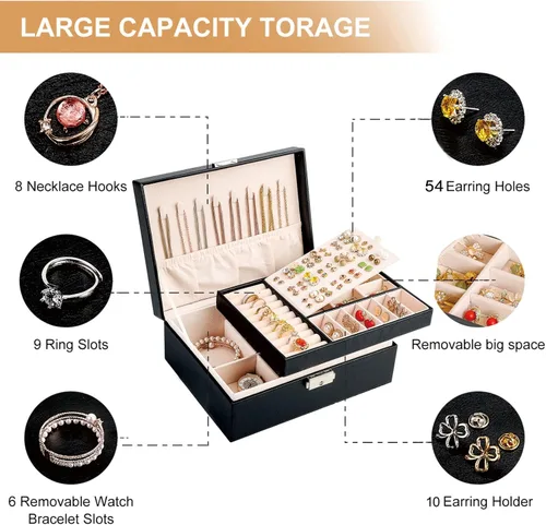 Vista 4 de Joyeros para mujeres y niñas, 2 capas de cuero, organizador de joyas con cerradura, bandeja extraíble para collar, aretes, anillo con paño de pulido