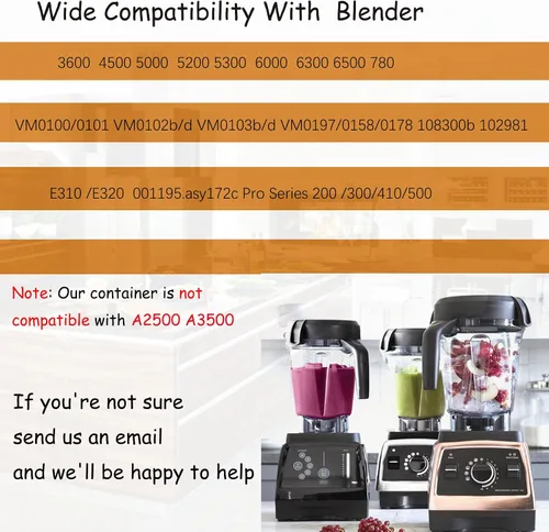 Vista 2 de Licuadora Jarra de 64 oz de bajo perfil, compatible con Vitamix 780 750 7500 5000 5200 Vm0102 Vm0103 Vm0197 E310 Professional/Comercial/Classic