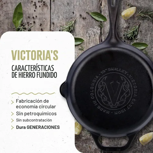 Vista 6 de Victoria - Set de sartén de hierro fundido de 12 pulgadas con tapa de vidrio templado, cubierta de mango grande y raspador de sartén