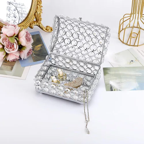 Vista 3 de ELLDOO Joyero de cristal, caja organizadora de aretes, anillos, decoración del hogar, caja decorativa con tapa, regalo plateado para San Valentín