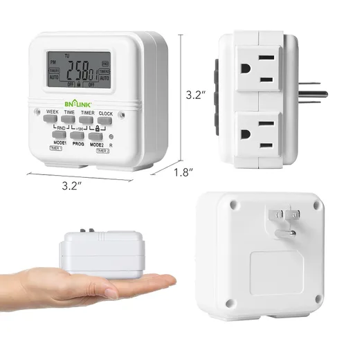 Vista 8 de BN-LINK Temporizador de luz digital para interiores, enchufe programable de 7 días con 2 salidas independientes de 3 clavijas, para lámparas