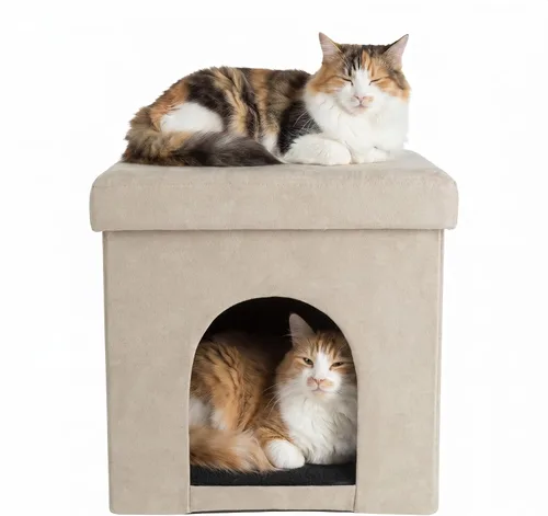 Vista 9 de Cat House - Otomana plegable multiusos para perros o gatos pequeños con reposapiés, parte superior acolchada y almohada interior (negro)