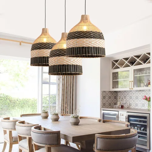 Vista 4 de Lámpara Colgante de Ratán 1 Paquete Candelabro de Cesta de Ratán Sintético Negro Blanco 11.8" Boho Tejido a Mano Ovalado de Mimbre Lámpara Colgante