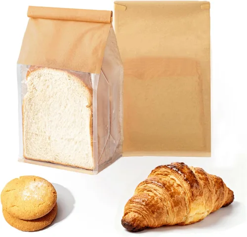 Vista 6 de 50 bolsas de pan con lazo de lata, bolsas para pan hechas de papel de algodón marrón, bolsa de embalaje de almacenamiento con ventana transparente