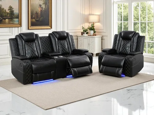 Vista 67 de Juego de sofás reclinables eléctricos, juegos de muebles de sala de estar, sofá reclinable eléctrico moderno negro, sofá biplaza y silla