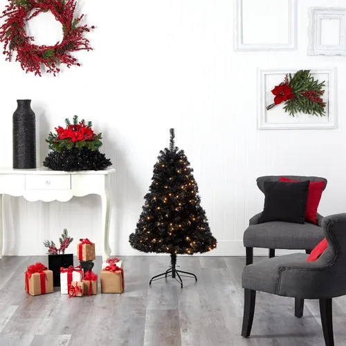 Vista 9 de Nearly Natural Árbol de Navidad artificial negro de 4 pies con 170 luces LED transparentes