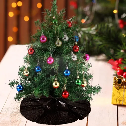 Vista 5 de Falda de árbol de Navidad pequeña de lentejuelas de 24 pulgadas, color negro, para árbol fino de 1.5 pies, decoración de Navidad, faldas de árbol