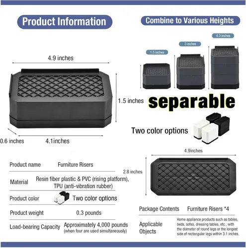 Vista 2 de EclatBain Elevadores rectangulares para cama, elevadores de muebles rectangulares de alta resistencia, con bloques ajustables de elevación de hasta
