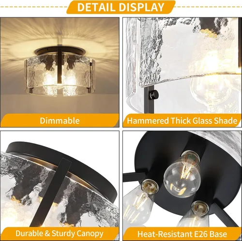 Vista 6 de Lámpara de techo semiempotrada moderna negra de 15 pulgadas, accesorios de iluminación de pasillo, 3 luces de techo de vidrio para entrada, isla